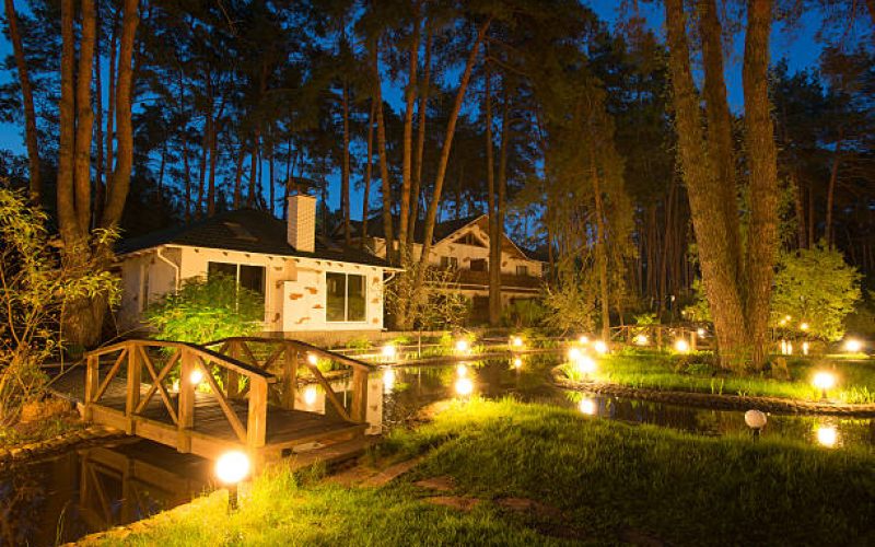 Cozy resort by the lake in the conifer forest at night